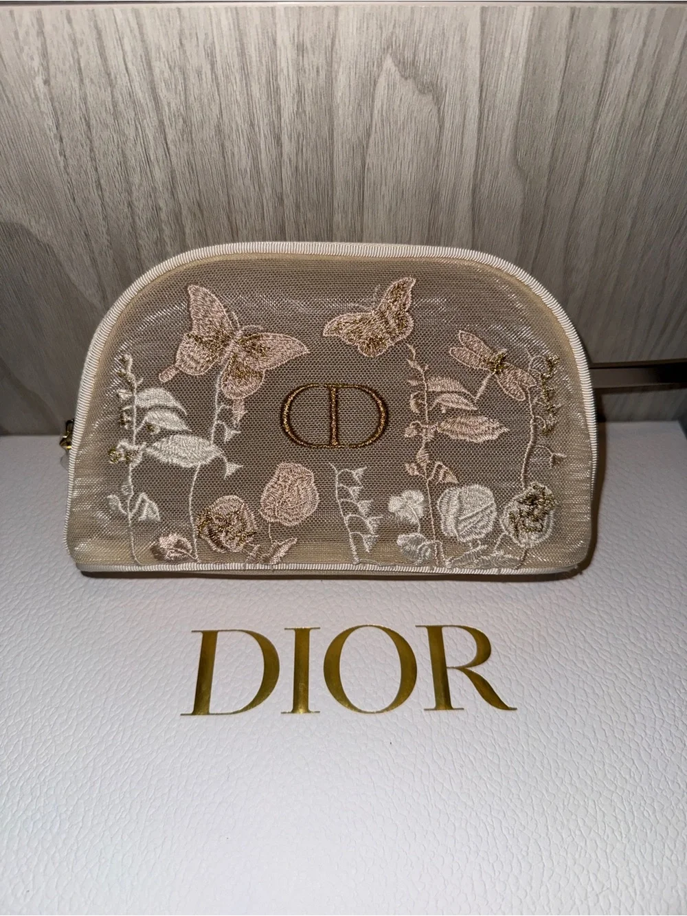 Dior Beige Floral & Butterfly Embroidered Cosmetic Pouch with CD Emblem